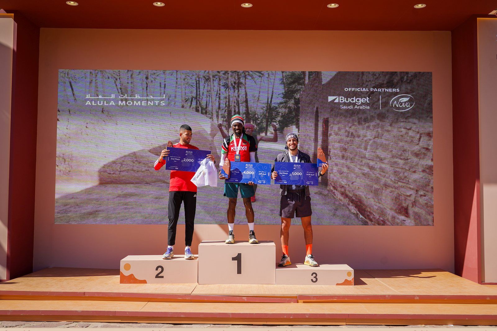 Podium ceremony at the AlUla Ultra Trail, Elephant Rock, Saudi Arabia